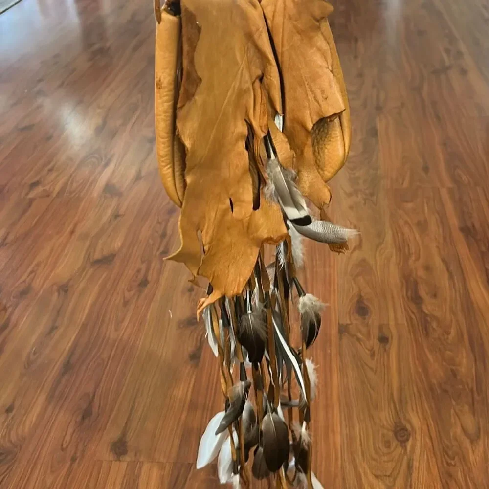 Native American vintage leather feather pouch tribal bag handmade